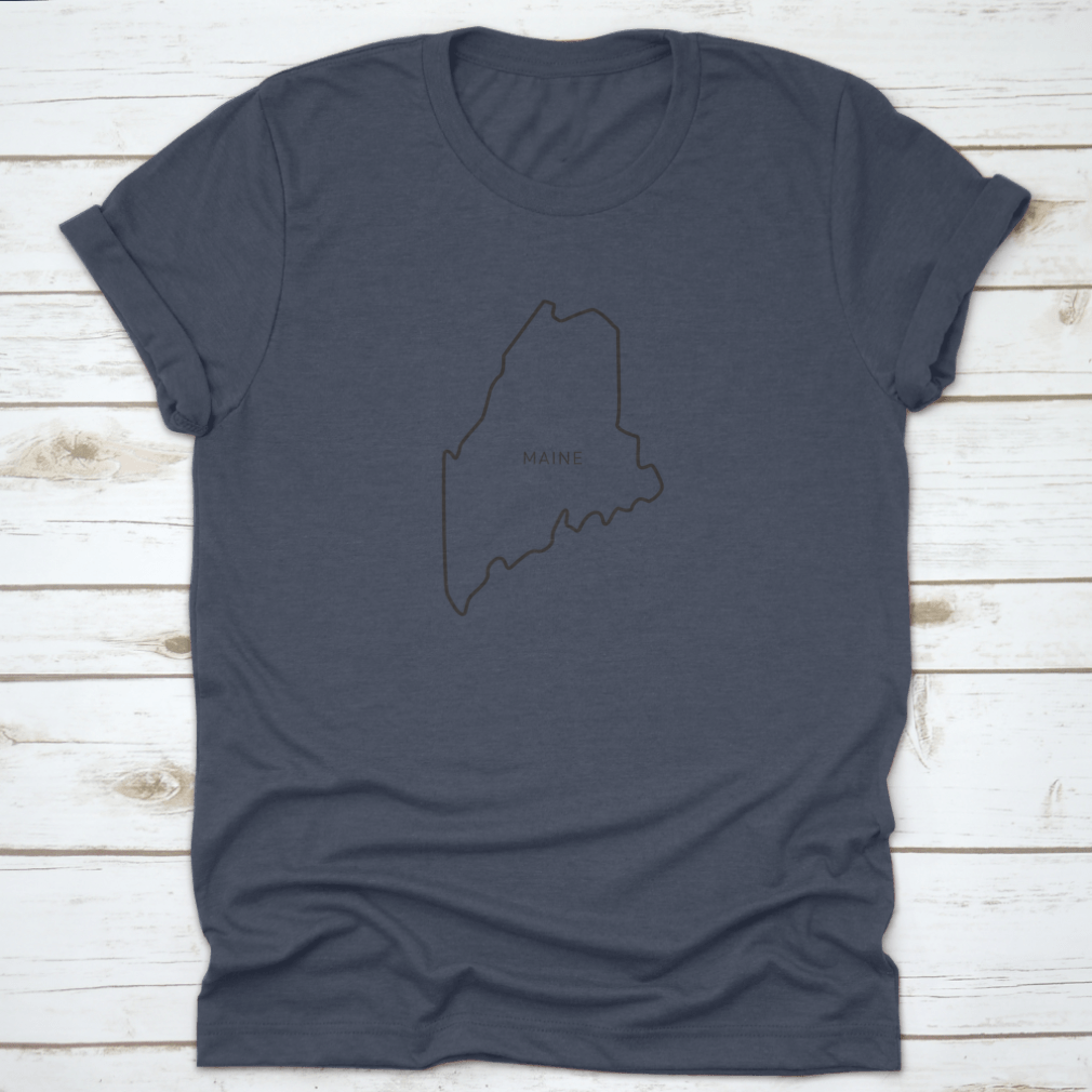 A stylish t-shirt featuring a simple typography outline of the state of Maine, made from high-quality cotton fabric.